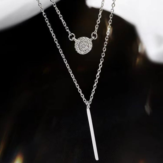 S925 Silver Color Double Chain Long Stick Micro Pave Zircon Round Pendant Necklaces