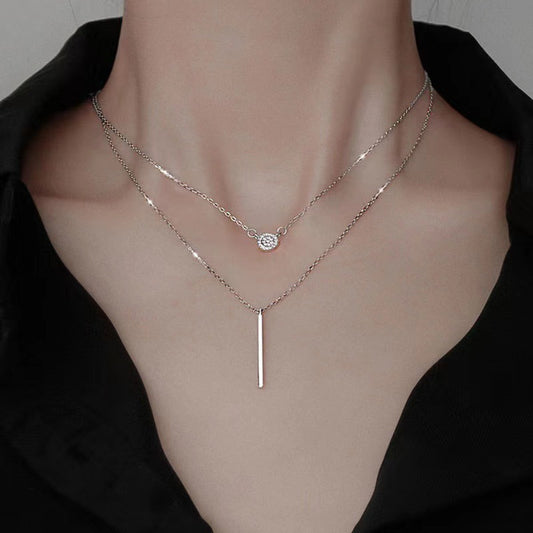 S925 Silver Color Double Chain Long Stick Micro Pave Zircon Round Pendant Necklaces