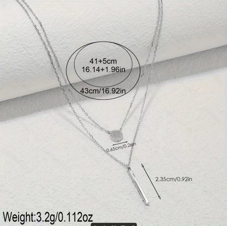 S925 Silver Color Double Chain Long Stick Micro Pave Zircon Round Pendant Necklaces